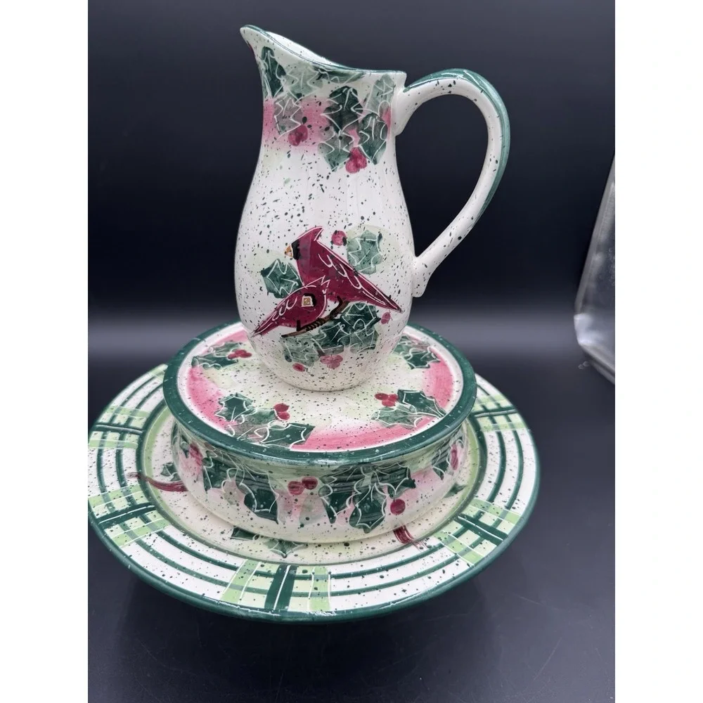 Vtg Christmas Cardinals Julie Ueland Cardinal Plate Cake Riser Plate Pitcher